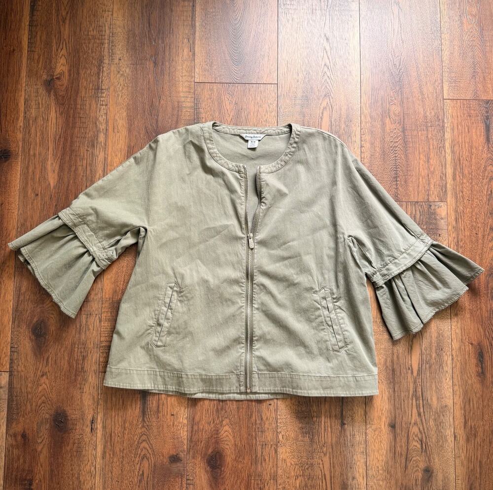 Tommy Bahama Women’s Medium Olive Green Zip Crop Jacket Tiered Ruffle Sleeves